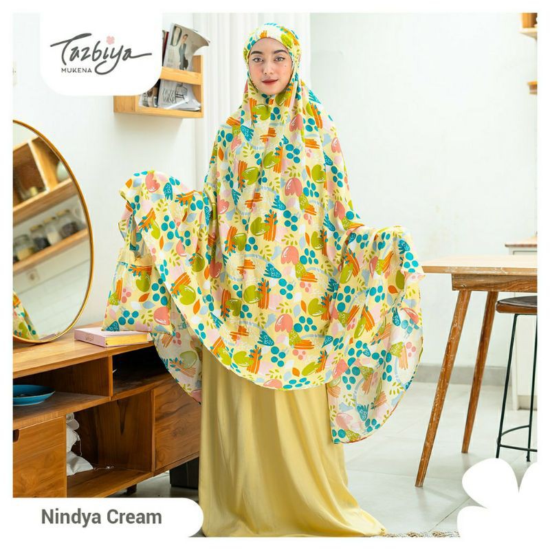 Mukena Tazbiya Nindya Series Cream/Navi/Red Jumbo Dewasa Katun Rayon Motif Cantik