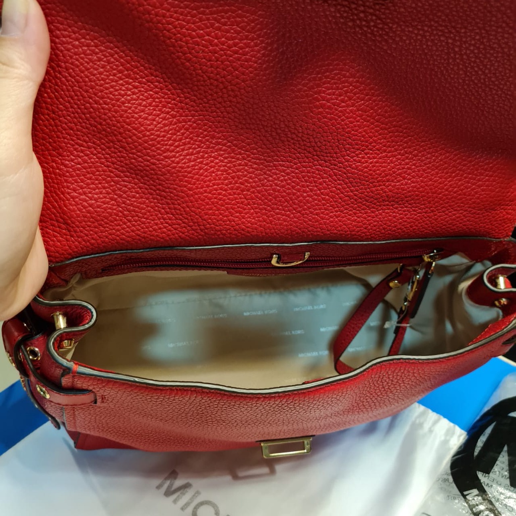 TAS WANITA SELEMPANG MEDIUM PRELOVED MICHAEL KORS ORIGINAL MK BRISTOL STUDDED LEATHER SATCHEL BRIGHT RED