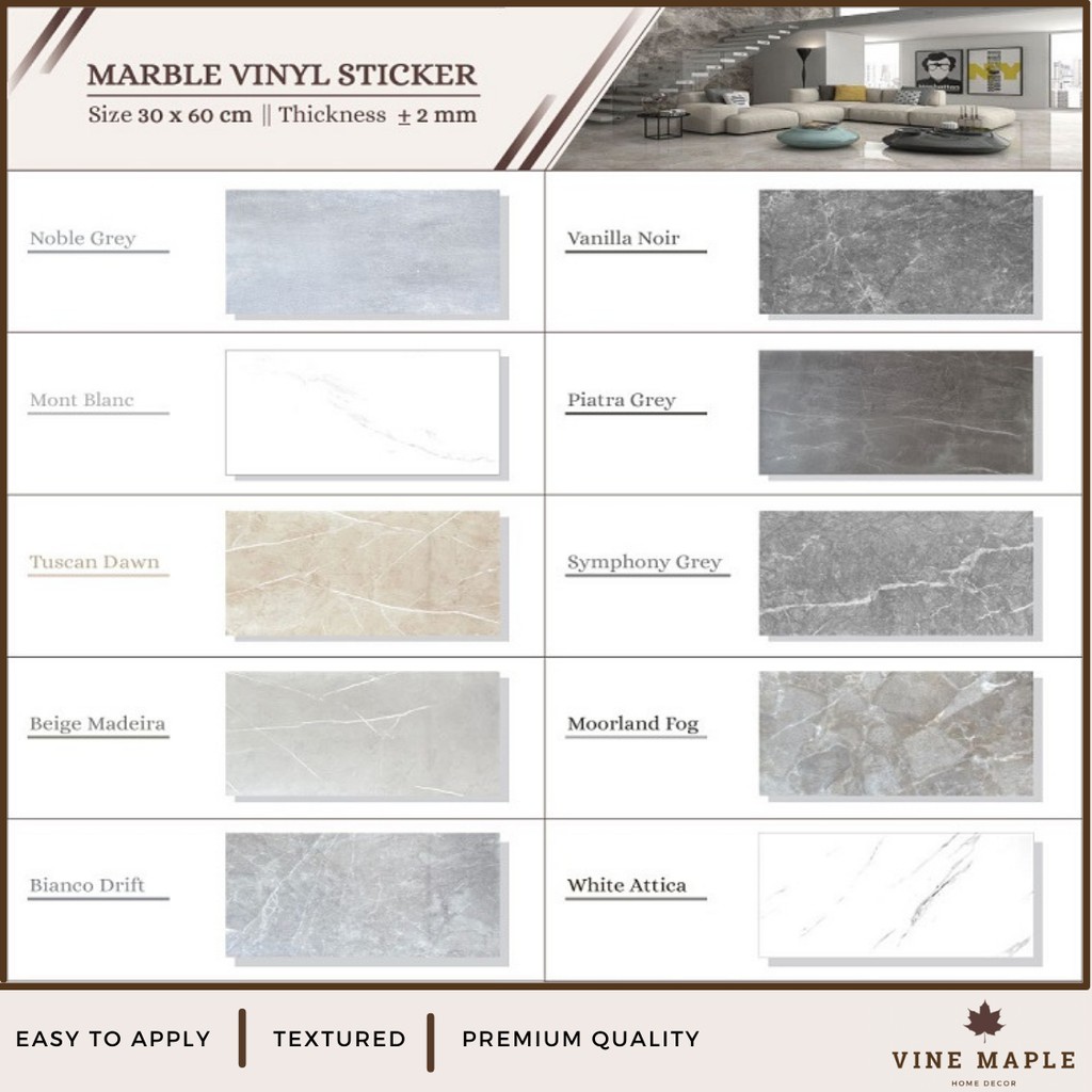 VineMaple Marmer Lantai Vinyl Stiker Dinding / Marble Vinyl Floor Wall Sticker (30x60cm) Tebal ±2mm