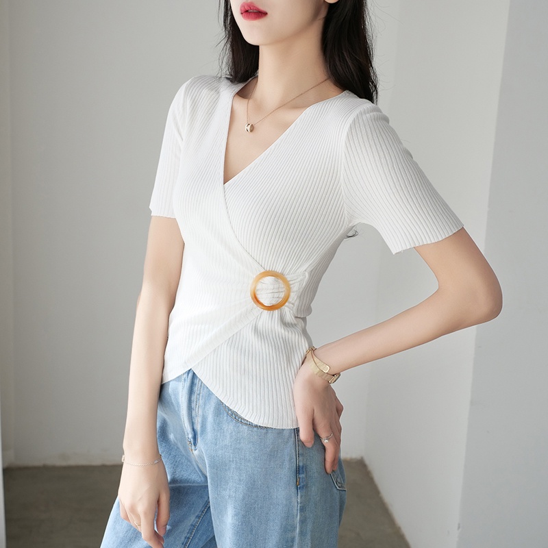 【Elegant】V-neck Irregular Slim Knit T-Shirt 7376