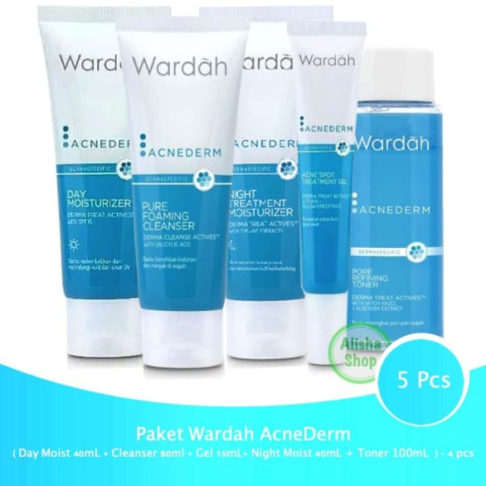 Paket Wardah AcneDerm (Toner+Day Cream+Foaming Cleanser+Gel+Night Cream)5pcs