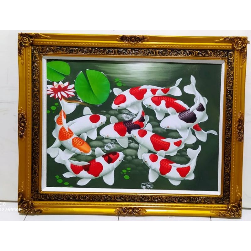 Lukisan ikan koi asli kanvas tinggal gantung sudah dengan pigura kayu