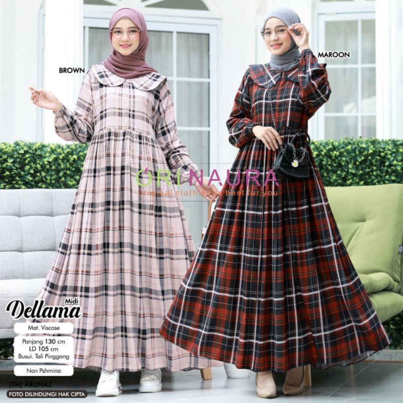 Dress Dellama Midi Dress Motif Kotak-kotak berkerah remaja
