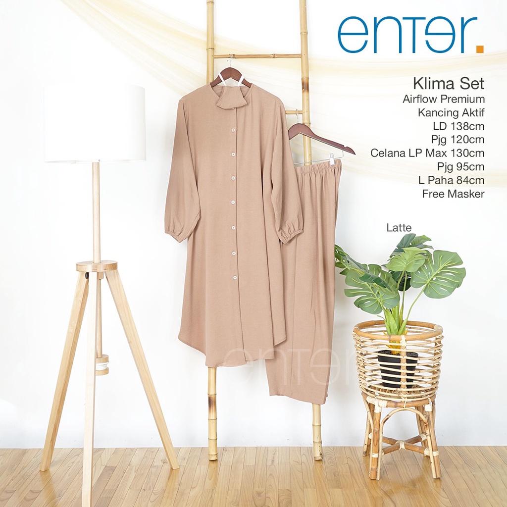 Enter Klima Set Stelan Wanita Kekinian One Set Crinkle Airflow Baju Setelan Jumbo LD 138-Latte