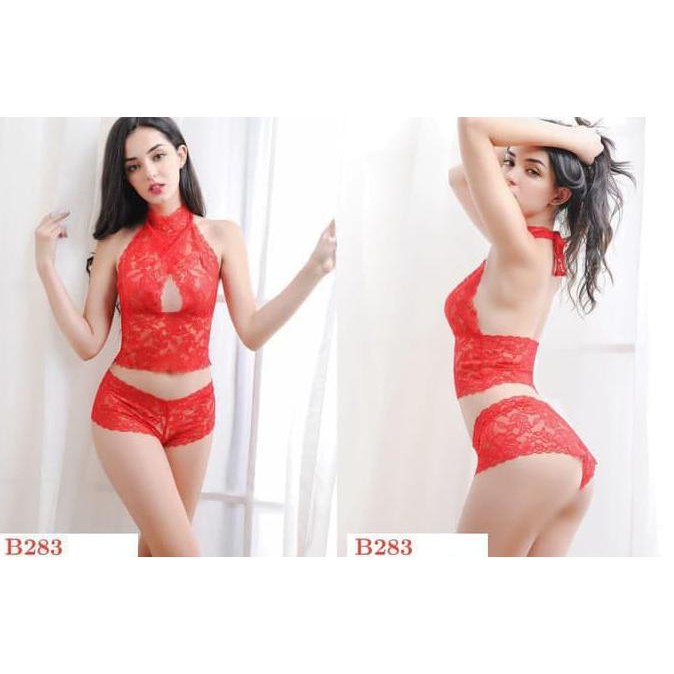 Best Seller.. B283 - Bikini Bra Set Halterneck Merah Transparan