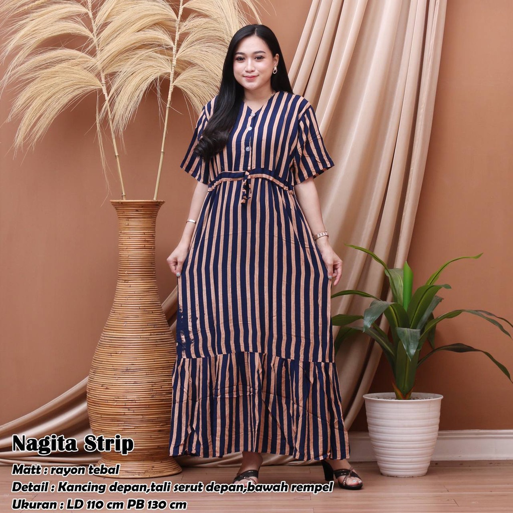 Nagita Strip Home Dress Korean Terbaru Bahan Rayon