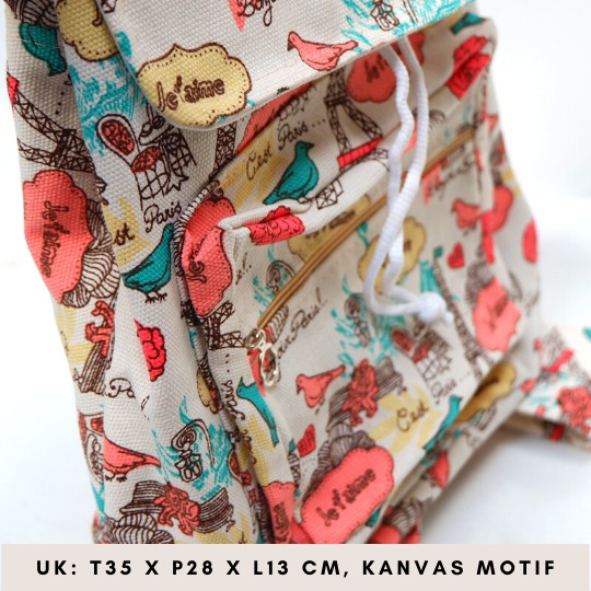 Ransel Kanvas Wanita Travel Multi-fungsional Tali Serut Ransel Siswa Campus Style banyak motif Warna-5