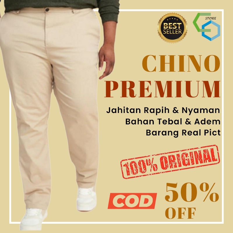 Celana Chino Chinos Panjang Pants Casual Slim Fit Denim Selvedge Cardinal Big Size Pria Cowok CREAM