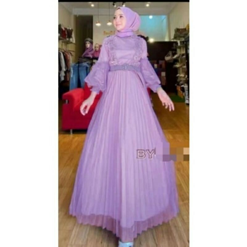 91810 Baju maxi dress gaun pesta wanita import baju maxi dress lengan balon pesta cewek import ungu