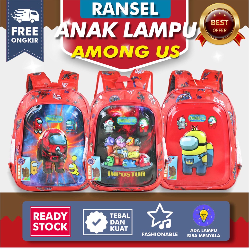 Tas Sekolah Anak Laki Laki TK Lampu  Among Us Merah SD PAUD Karakter Murah Gambar Kartun Karakter Terbaru Lucu Premium SMP Mini Murah BT-21 Motif Karakter Berkualitas