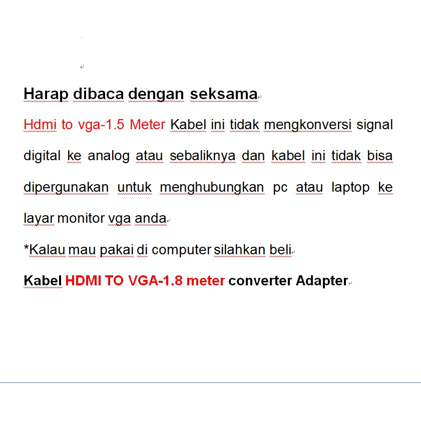 KABEL HDTV TO VGA-1.5Meter &amp; HDMI TO VGA-1.8Meter converter