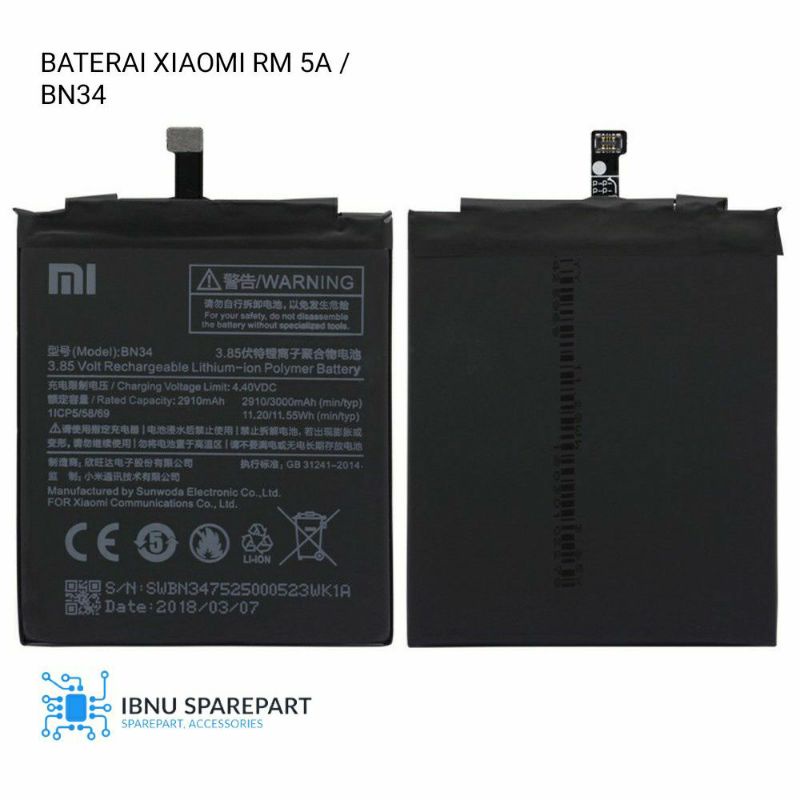 BATERAI BATRE XIAOMI REDMI 5A BN34 ORIGINAL BATTERY