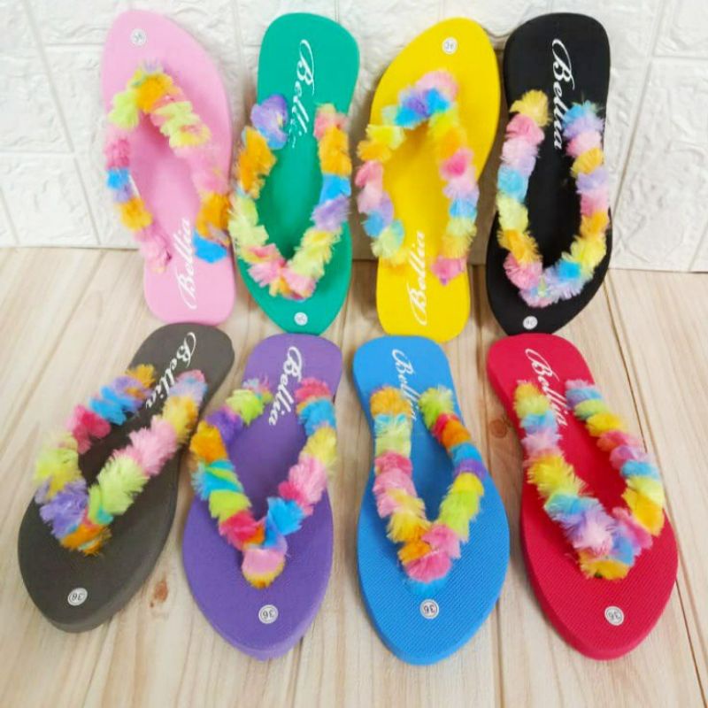 JB-Sandal Spon jepit bulu wanita lucu