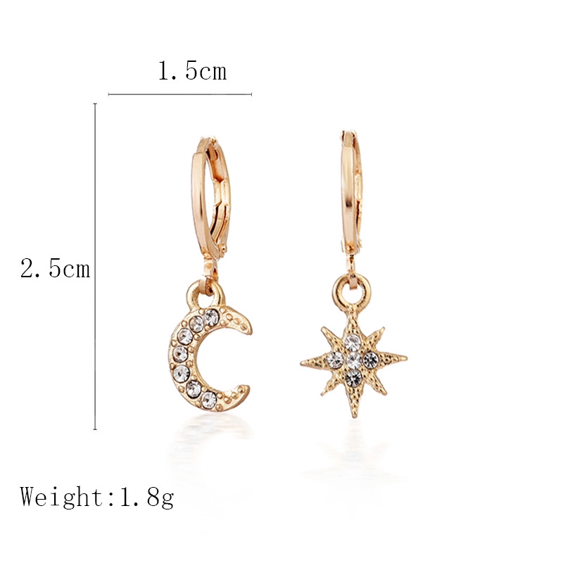 1 Pasang Anting Stud Bentuk Bulan Bintang Asimetris Bahan Logam Aksen Berlian Gaya Korea Untuk Wanita