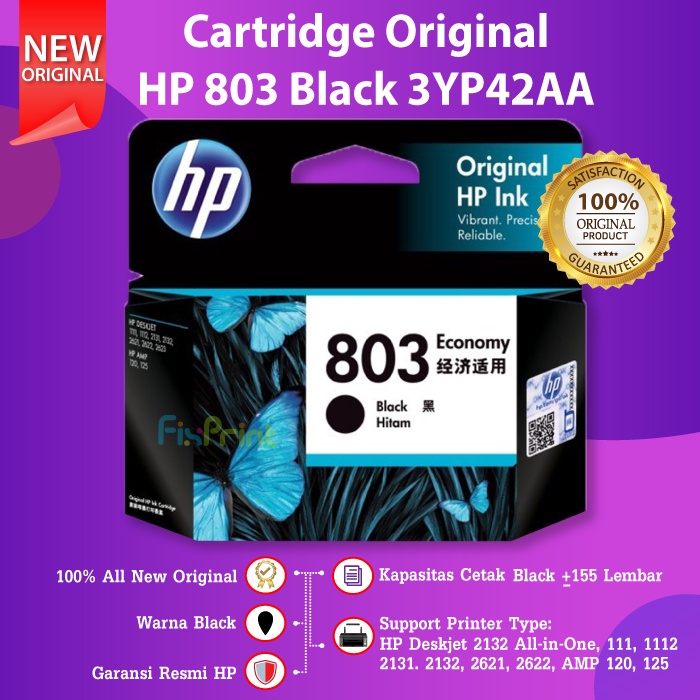 HP 803 Black Economy 3YP42AA Cartridge Tinta Printer 1112 2132 2621 2622