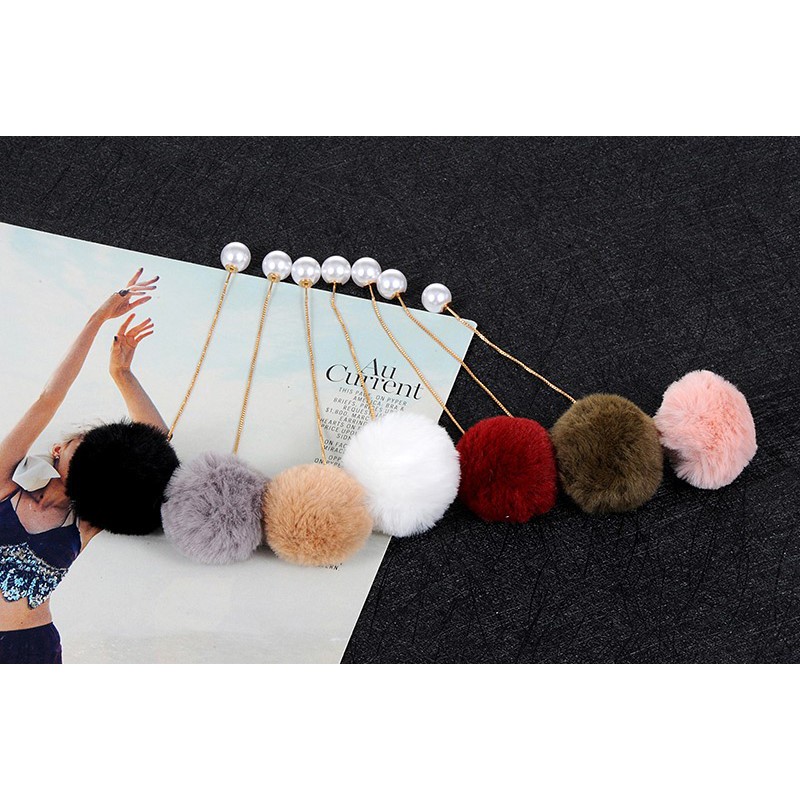 LRC Anting Tusuk Fashion Fuzzy Balls Decorated Long Earrings