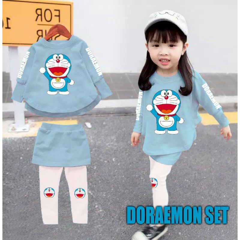 Dora minnie 3-5T/ Pakaian anak perempuan Stelan baju set rok celana legging Doraemon anak cewek biru
