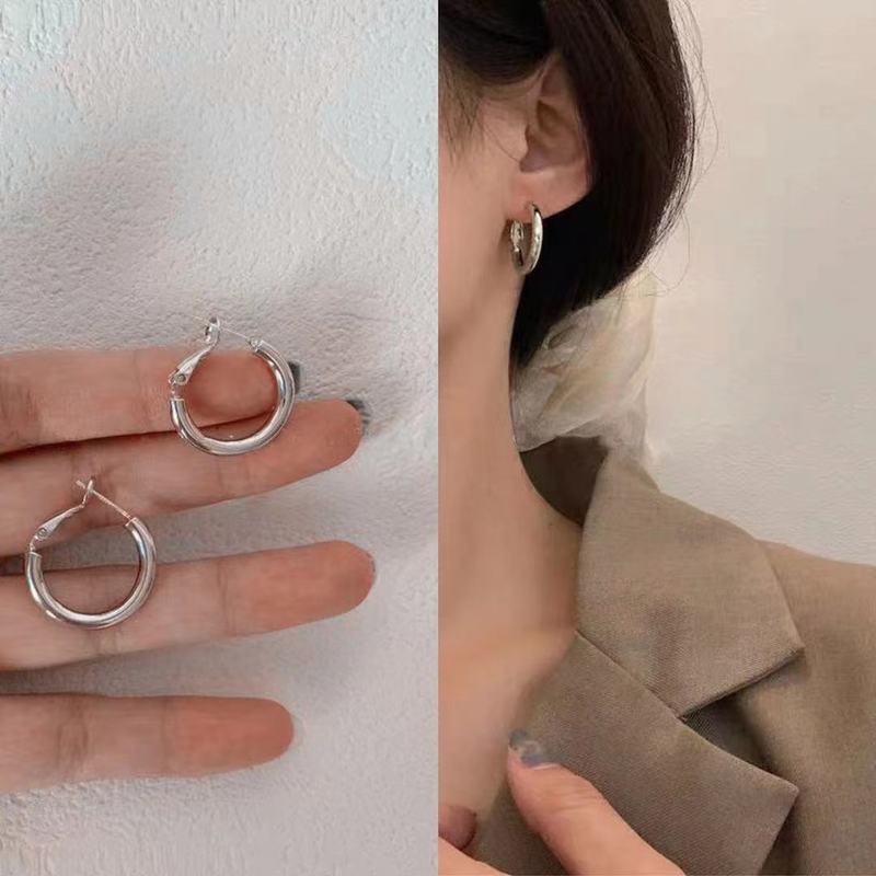 Anting Bulat Sterling Silver 925 Tebal Model Geometri Untuk Wanita 789