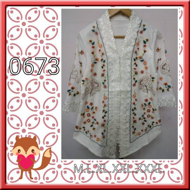Blus kebaya putih kain kaca bordir warna (05899)