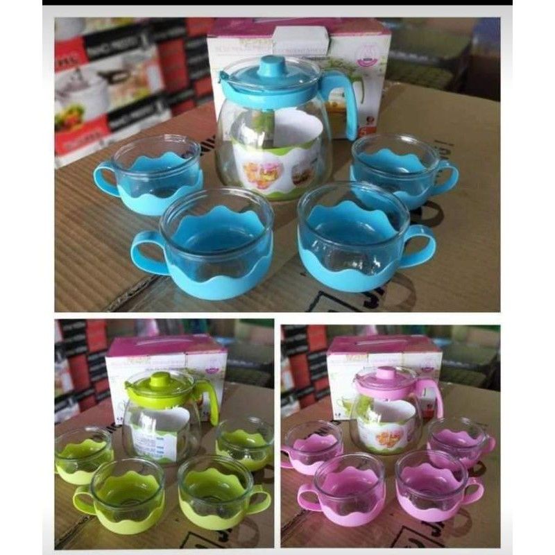 (PROMO) Teapot Warna Set 5in1 / Teko Set Gelas Kaca FREE BUBBLE / Tea Pot Warna / Kado Souvernir