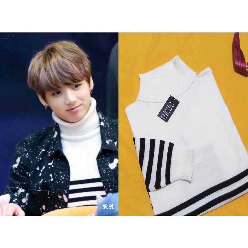 sweater rajut pria dewasa lengan panjang kerah tinggi turtle neck garis garis switer belang