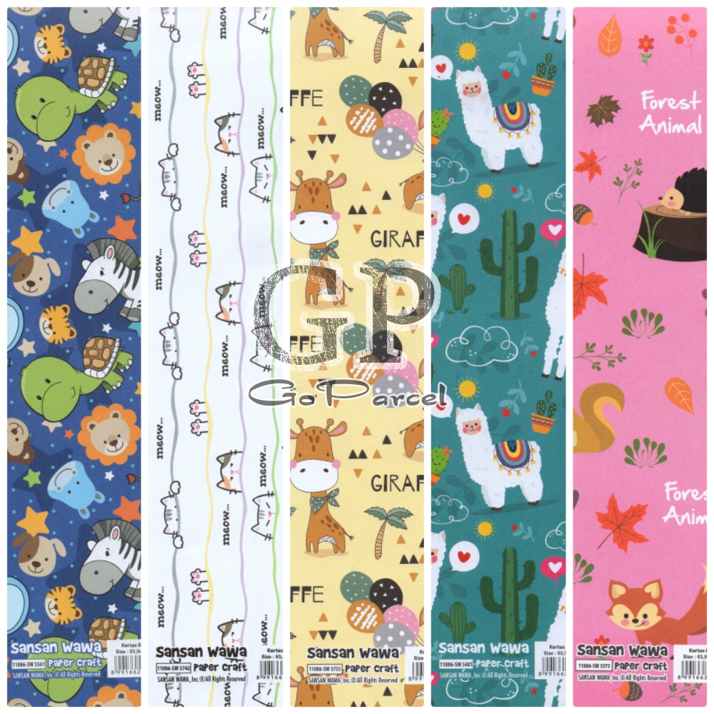 ( 5 Lembar ) ANIMAL SANWA - KERTAS KADO CUTE - GIFT WRAP PAPER SANSAN WAWA BINATANG / JERAPAH / KUCING / GIRAFFE / CAT /ELEPHANT / LAMA / LION / FOX / RABBIT / GIRAFFE / HORSE / RUBAH / ZEBRA / LANDAK / KELINCI / PANDA / CAT / ULANG TAHUN ANAK