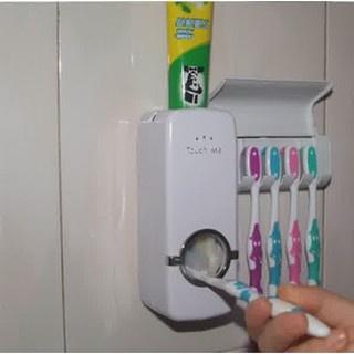 Dispenser Odol dan Tempat Sikat Gigi TOUCH ME Rak Tooth Paste &amp; Brush Set WHITE Otomatis Pasta Holder