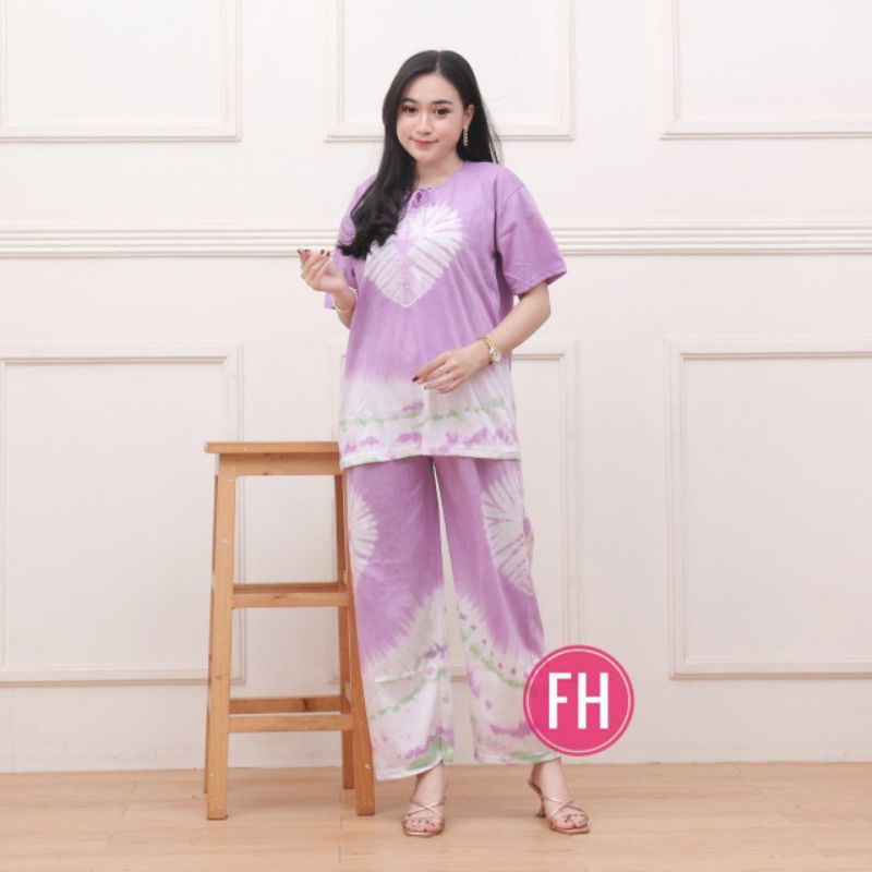 Setelan Piyama Kaos Perempuan Dewasa Motif Jumputan Tiedye One Set Wanita Kekinian Baju Tidur Termurah