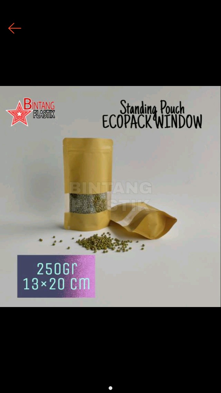 Standing Pouch Paper Kraft Window 250gram 13x20 Cm Ecopack Kpack