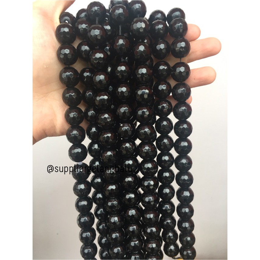 batu obsidian black onyx FACETED 16mm cutting UKIR bahan gelang kalung aksesoris craft model terkini