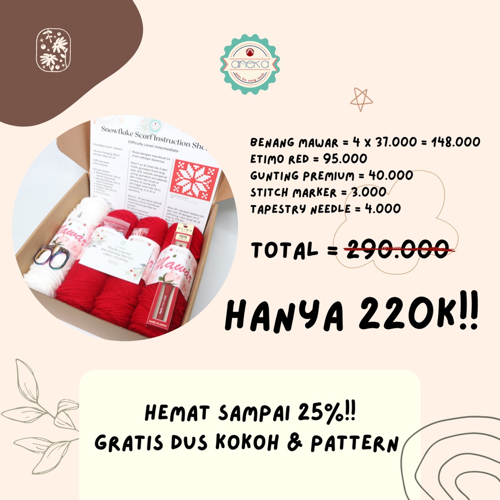 DIY Snowflake Scarf Starter Kit / Hampers Paket Merajut Pemula Lengkap Syal Shawl