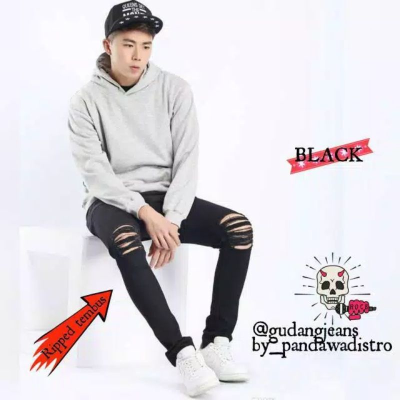 CELANA SOBEK PRIA RIPPED JEANS STANDAR REGULER BASIC PREMIUM HITAM 27-38