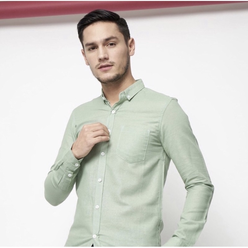 Kemeja Pria Cowok Polos Tangan Lengan Panjang Slimfit Casual Kantoran Murah Sale Premium Hijau Mint