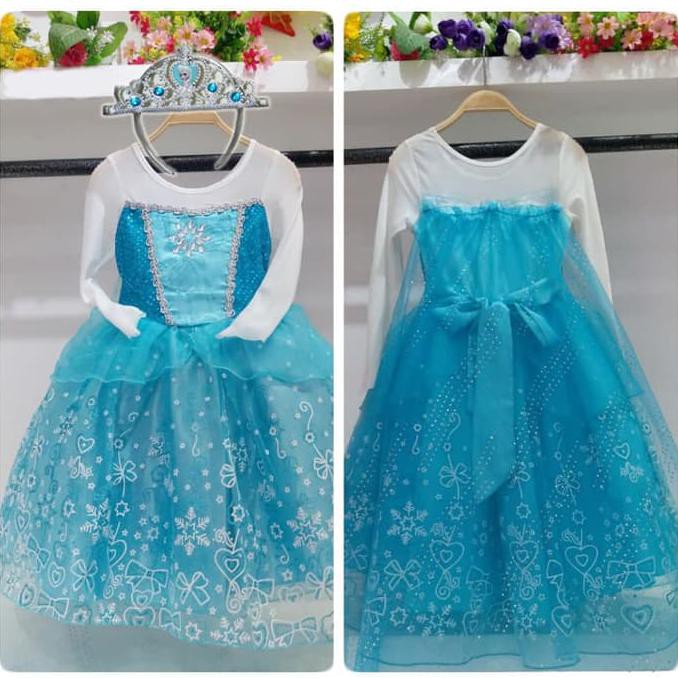 Baju Anak Dress Kostum Frozen Elsa Rok Motif (10) + Bando Mahkota Elsa