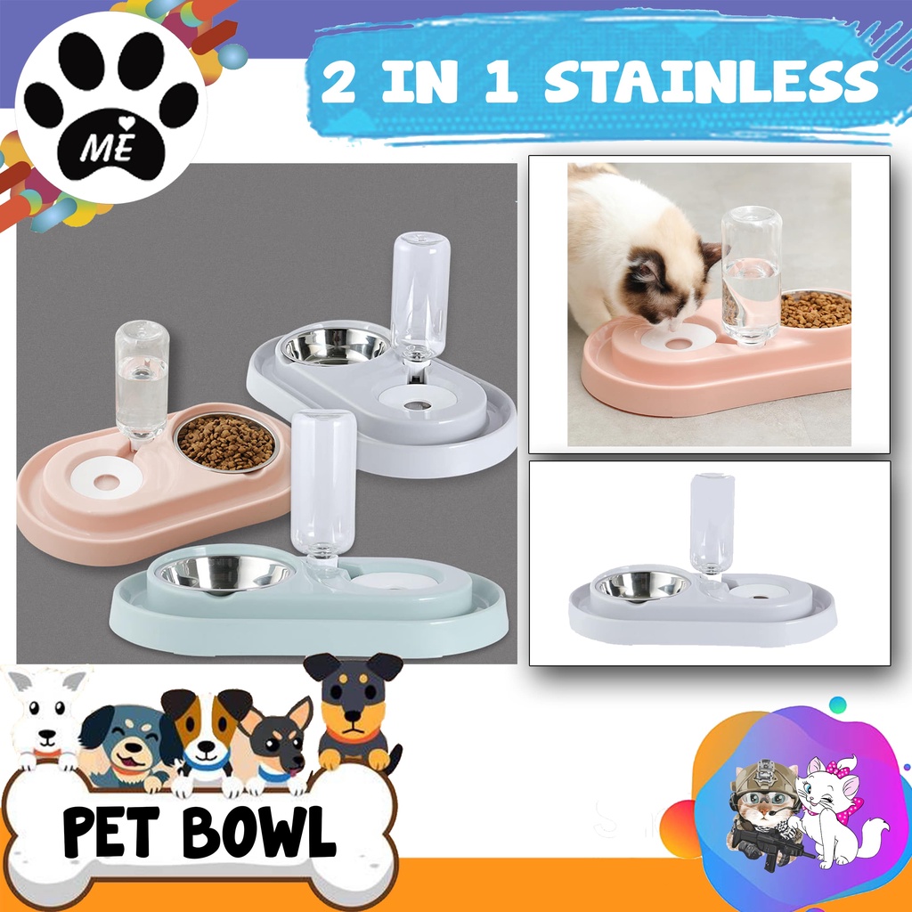 Pet Bowl &quot;2 IN 1 KITTY / STAINLESS&quot; With Bottle For Cat &amp; Dog