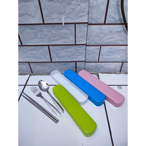 Sendok garpu sumpit set stainless steel / sendok set 3 in 1 kotak warna