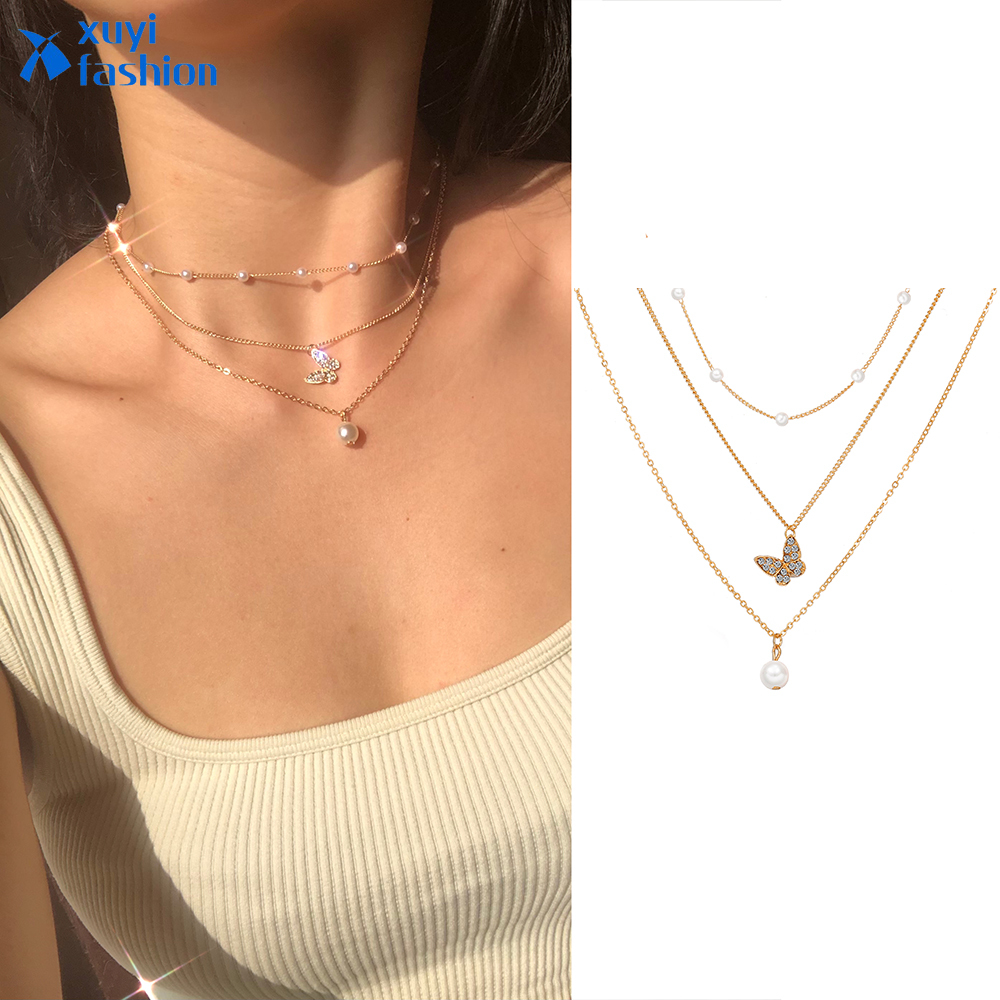 Fashion Multilayer Pearl Butterfly Pendant Necklace Elegant Luxury Zircon Clavicle Chain Jewelry Accessories Gift