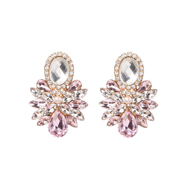 LRC Anting Tusuk Fashion Pink Diamond Glass Flower Earrings F75748