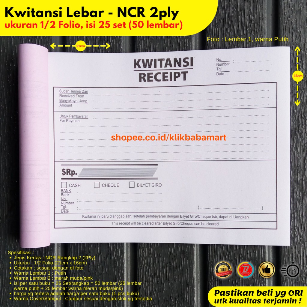 

KWITANSI KUITANSI BESAR LEBAR RECEIPT TANDA TERIMA 1/2 FOLIO 2 RANGKAP 2 PLY PUTIH MERAH PER BUKU