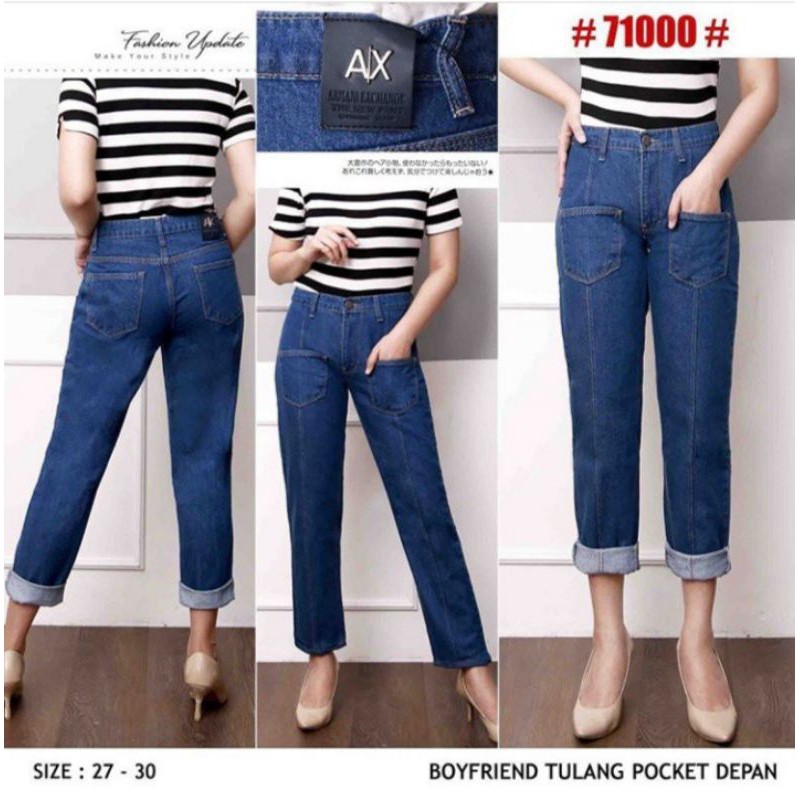 Dazina Boyfriend Jeans Pocket Saku depan bahan tebal wanita - navy