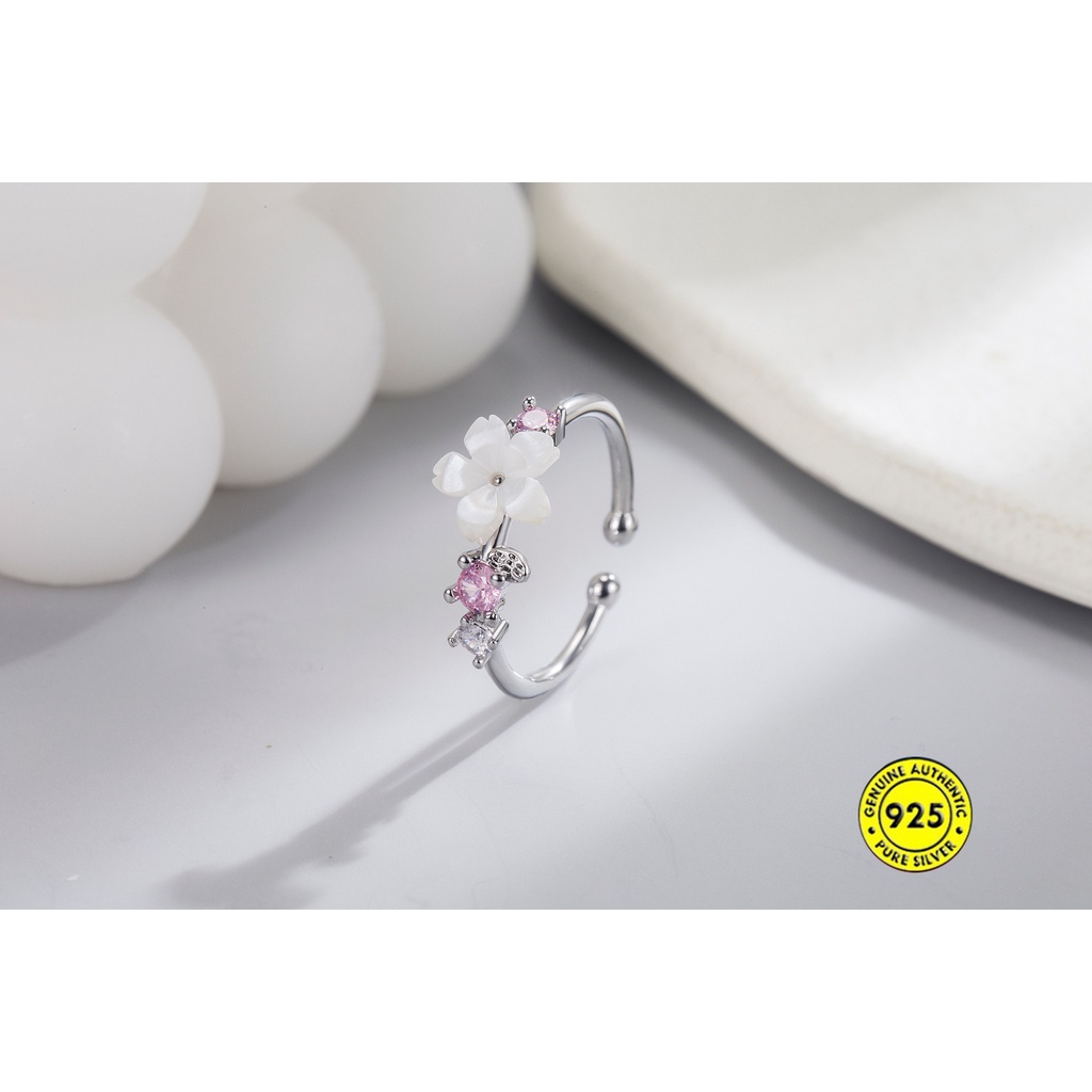 Cincin S925 Silver Bentuk Bunga Sakura Aksen Berlian Untuk Wanita