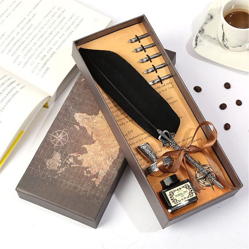 Pulpen Bulu Vintage Box Set Pena Bulu 6 Nibs Pena Fountain Kaligrafi Stainless