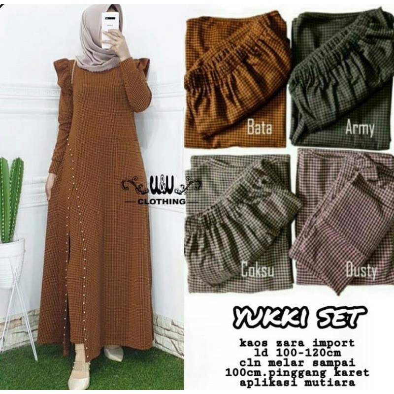 gamis setelan kotak rumbai / set celana / gamis wanita / pakaian wanita muslim / setelan celana
