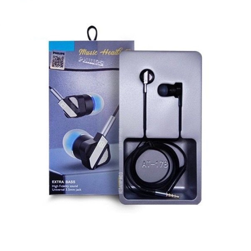 Headset Philips AT178 Metal Body stereo BASS music telfon gaming daily earphone with mic by sen audio