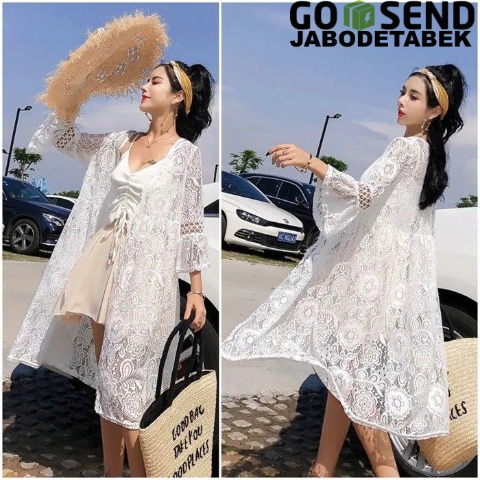 Long Lace Outer Cardigan  Renda Pantai  Putih Boho Bohemian 