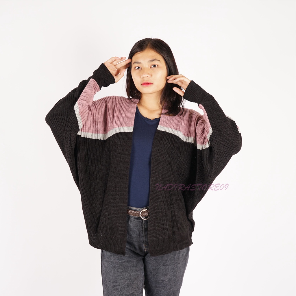 CARDIGAN BATWING RAJUT OVERSIZE PREMIUM / KOMBINASI / NILA HITAM STRIP SILVER