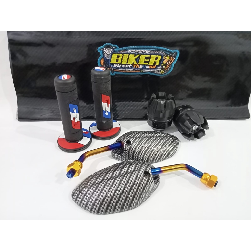 Paket hemat 4 item Kulit jok karbon hitam+grip dragon nine+spion mini karbon twotone+as roda hitam_Universal Honda/Yamaha