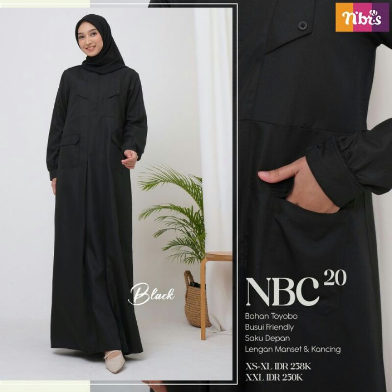 Gamis Nibras Warna Hitam Polos NBC 20 Bahan Katun Toyobo Busui Branded Ori Baju Muslimah Seragaman A