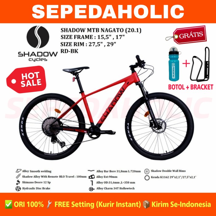 Sepeda Gunung 27.5" 29" MTB Shadow Nagato Deore 12 Speed Hidrolik - RED BLACK, 29" // 17"