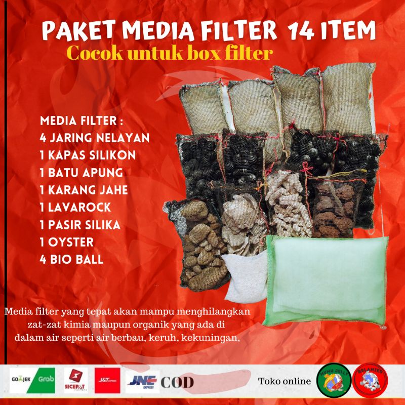 PAKET MEDIA FILTER AIR KOLAM KOI 14 ITEM  BIO BALL JARING NELAYAN KARANG  jahe apung oyster silika